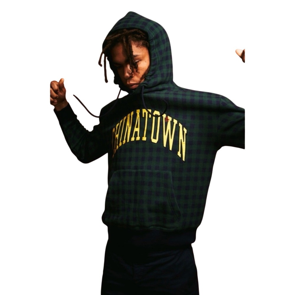 Original Penguin x Chinatown Market Hoodie Mens L Green Check Collegiate Fleece